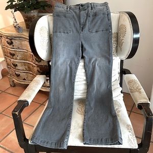 Frame “Le Bardot Crop Flare” Washed Black Denim Jeans with a Hint of Stretch